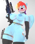 anthro anthrofied areola armwear big_breasts blue_areola blue_nipples blue_pussy blush breasts choker clothing cutie_mark elbow_gloves facial_piercing female fingerless_gloves genitals gloves gun hair handgun handwear holding_gun holding_object holding_ranged_weapon holding_rifle holding_sniper_rifle holding_weapon holster holstered_pistol jewelry legwear lip_piercing multicolored_hair necklace nipples piercing pistol pose purple_eyes pussy rainbow_hair ranged_weapon rifle sniper_rifle solo stockings trigger_discipline weapon wings purplefondue friendship_is_magic hasbro my_little_pony mythology rainbow_dash_(mlp) equid equine mammal mythological_creature mythological_equine pegasus 3d_(artwork) digital_media_(artwork) hi_res pinup