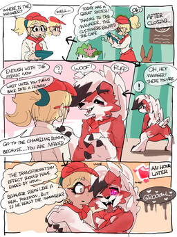 3_toes 4_fingers after_transformation biped black_highlights black_nose blonde_hair clothed clothing countershade_fur countershade_torso countershading dialogue digitigrade duo_focus eyewear feet female female_human fingers front_view fur glasses group hair heart_symbol highlights_(coloring) identity_death kerchief markings mostly_nude neckerchief neckwear one_eye_closed permanent_transformation pink_eyes ponytail quadruped rear_view red_body red_fur red_sclera sharp_teeth smile snout speech_bubble standing tail talking_to_another teeth text toes tongue tongue_out transformation white_body white_countershading white_hair white_markings netchy_boo nintendo pokemon eevee generation_1_pokemon generation_4_pokemon generation_7_pokemon human land_forme_shaymin legendary_pokemon lycanroc mammal midnight_lycanroc pokemon_(species) shaymin 2024 3:4 alternate_version_at_source colored comic english_text hi_res right_to_left