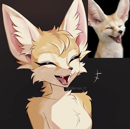 anthro big_ears blush breasts countershade_torso countershading cute_fangs fangs featureless_breasts female fur happy head_tuft inner_ear_fluff laugh photo snout solo tan_body tan_fur teeth tuft 3rdperson_iz canid canine fennec_fox fox mammal true_fox photography_(artwork)