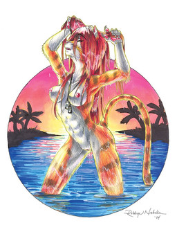 anthro breasts dog_tags female fur genitals hair legs_in_water long_hair nipples outside palm_tree partially_submerged pawpads pink_pawpads plant pose red_hair solo striped_body striped_fur stripes submerged_legs sunset tree vulva wet wet_body wet_fur quelyntr robbye_nicholson felid mammal pantherine tiger 2004 pinup