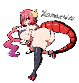 bent_over big_breasts big_butt bikini bikini_thong biped breasts butt clothing eyelashes female footwear hair high_heels legwear pink_hair pupils red_tail shoes solo swimwear tail thigh_highs two-piece_swimsuit xelsword miss_kobayashi's_dragon_maid mythology ilulu animal_humanoid dragon dragon_humanoid humanoid mythological_creature mythological_scalie scalie hi_res