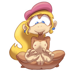 adolescent anthro breasts butt clothing ear_piercing ear_ring feet female genitals hair hat headgear headwear long_hair looking_down nipples piercing ponytail prehensile_feet ring_piercing simple_background small_breasts smile soles solo toes vulva wide_hips young young_female onihidden donkey_kong_(series) nintendo dixie_kong haplorhine mammal monkey primate 2025 full-length_portrait portrait