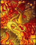 anthro fire male peril solo facerot fairy_tales the_three_little_pigs big_bad_wolf canid canine canis mammal wolf 2012 4:5 traditional_media_(artwork) warm_colors