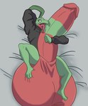 absurd_res anthro balls big_balls big_penis black_clothing bottomless bottomless_male clothed clothing dakimakura_style generation_3_pokemon genitals green_body green_scales grovyle half-erect hand_behind_head hi_res holding_penis hoodie hoodie_only huge_balls huge_penis hyper hyper_balls hyper_genitalia hyper_penis klaybatzz leaf leaf_hair licking looking_at_viewer lying male nick_(boring_scalie) nintendo on_back open_mouth oral penile penis penis_lick plant plant_hair pokemon pokemon_(species) presenting presenting_penis pseudo_hair red_balls red_body red_scales reptile resting_on_balls scales scalie sex solo thick_thighs tongue topwear topwear_only