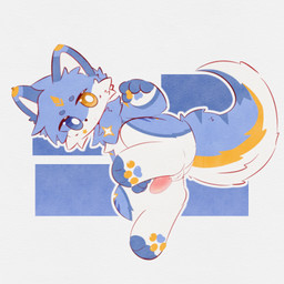anthro balls blue_body blue_eyes blue_fur blush butt digitigrade fluffy fur genitals heterochromia legs_up lying male on_back pawpads penis pink_penis presenting presenting_hindquarters solo tail white_body white_fur yellow_eyes zodiaczang starrin canid canine canis mammal wolf hi_res