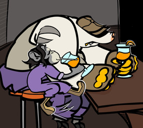 anthro bar clothing drinking duo hat hat_over_eyes headgear headwear jewelry male male/male mimosa necklace shirt size_difference smile tank_top topwear chesnaughtfan deadlock_(game) valve krill_(deadlock) mo_(deadlock) eulipotyphlan haplorhine mammal mole_(animal) monkey primate
