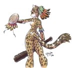 anthro armwear breasts brown_eyes butt clothing feathers female fur headdress holding_macuahuitl holding_melee_weapon holding_object holding_weapon jewelry looking_back macuahuitl markings melee_weapon necklace nude nude_female orange_body orange_fur shield side_boob solo spots spotted_body tail tribal weapon venilejuju felid jaguar mammal pantherine