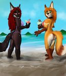 ambiguous_gender anthro beach bikini bikini_bottom bikini_top clothing duo female fur green_eyes imminent_vore looking_at_viewer red_eyes sea seaside size_difference swimwear tropical_beverage two-piece_swimsuit water uwo5 autumn_(praexon) dalia_(uwo5) canid canine fox mammal mouse murid murine rodent 2023 digital_drawing_(artwork) digital_media_(artwork) hi_res shaded