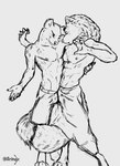 abs anthro biped blush bulge bulge_frottage detailed_bulge digitigrade duo feet foreplay fur hindpaw male male/male male_anthro nipples paws pecs tension ifrinox canid canine canis hyena mammal wolf absurd_res hi_res monochrome sketch