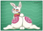 anthro asian_clothing balls big_butt bodypaint bubble_butt butt chinese_clothing clothing east_asian_clothing fur genitals huge_butt male round_tail simple_background solo white_body white_fur tunemon spike_chunsoft virtue's_last_reward zero_escape zero_iii lagomorph leporid mammal rabbit hi_res