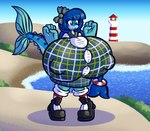 anthro bangs big_breasts blue_body blue_eyes blue_hair bottomwear bow_ribbon breasts bulging_breasts clothing dress erect_nipples female fin fish_tail footwear hair huge_breasts hyper hyper_breasts lighthouse nipple_outline nipples non-mammal_breasts pattern_clothing pattern_topwear plaid plaid_clothing plaid_topwear ponytail scarf sea shoes skirt solo tartan_bottomwear topwear vest water sprucy mackenzie_(sprucy) fish mackerel marine scombrid scombriform