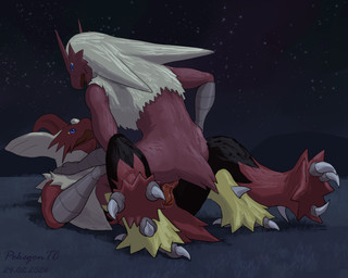 3_claws animal_genitalia anthro anthro_on_anthro anthro_penetrated anthro_penetrating anthro_penetrating_anthro biped black_body black_feathers blue_eyes claws cloaca cloacal cloacal_penetration cloacal_penis duo erection feathers female female_on_top female_penetrated from_front_position genitals lying male male/female male_penetrating male_penetrating_female night on_back on_top penetration penis red_body red_feathers reverse_missionary_position seminal_groove sex sky spread_legs spreading spurs_(anatomy) star starry_sky tan_body tan_feathers yellow_body yellow_feathers yellow_sclera pokegontc nintendo pokemon avian blaziken generation_3_pokemon generation_6_pokemon mega_blaziken mega_evolution pokemon_(species) 2026 5:4 digital_media_(artwork) hi_res remake