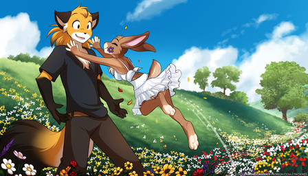 3_toes 5_fingers anthro barefoot bottomwear breasts brown_body brown_fur brown_tail chest_tuft clothed clothed_anthro clothed_female clothed_male clothing digitigrade dress duo eyes_closed feet female fingers flower flower_in_mouth front_view fully_clothed fully_clothed_anthro fully_clothed_female fully_clothed_male fur gloves_(marking) hair hug jumping larger_male looking_at_another male markings meadow open_mouth open_smile orange_body orange_fur orange_tail outside pants paws plant predator/prey scut_tail shirt short_tail size_difference sky smaller_female smile standing t-shirt tail text toes topwear tree tuft conditional_dnp tom_fischbach twokinds hazel_(twokinds) mike_(twokinds) canid canine fox keidran lagomorph leporid mammal rabbit 2025 7:4 digital_media_(artwork) hi_res url