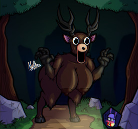 anthro big_breasts blood bodily_fluids breasts brown_body brown_fur brown_nipples female female_anthro forest forest_background fur horn nature nature_background nipples nosebleed plant solo thick_thighs tree kylethedesignernsfw 99_nights_in_the_forest roblox deer_(99_nights_in_the_forest) deer mammal monster digital_drawing_(artwork) digital_media_(artwork) hi_res