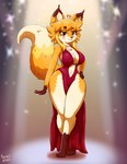 3_toes 4_fingers ahoge anthro barefoot big_breasts breasts brown_nose classy cleavage clothed clothing curvy_figure dress feet female fingers fluffy fluffy_tail fur hair hand_on_hip hourglass_figure lidded_eyes looking_at_viewer multicolored_body multicolored_fur navel orange_body orange_fur orange_hair red_clothing red_dress sassy solo spotlight tail thick_thighs toes wide_hips azerkit jasmin_(jasminthemanticore) canid canine fox mammal red_fox true_fox 2022 digital_drawing_(artwork) digital_media_(artwork) full-length_portrait hi_res portrait signature