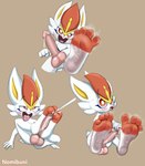 anthro autofootjob bodily_fluids cum feet foot_fetish foot_focus foot_play footjob genital_fluids humanoid_feet looking_at_viewer male masturbation musk plantigrade sex soles solo nomibuni nintendo pokemon cinderace generation_8_pokemon pokemon_(species) absurd_res hi_res
