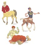 animal_genitalia blonde_hair brown_body clothed clothing ear_piercing gauged_ear genitals hair hooves lying male on_hind_legs on_side orange_hair piercing purple_hair red_body sheath simple_background solo walking white_body yellow_body mcmadmissile european_mythology greek_mythology mythology centaur equid equid_taur humanoid_taur mammal mammal_taur taur 2014 digital_media_(artwork) full-length_portrait hi_res multiple_images portrait