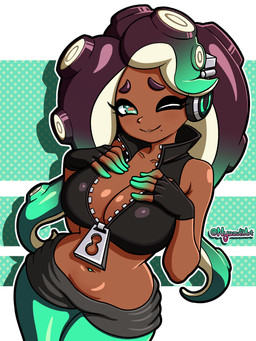 big_breasts bottomwear breasts cleavage clothed clothing collarbone dark_body dark_skin electronics eyebrows eyelashes female fingerless_gloves gloves green_eyes hand_on_chest handwear headphones mole_under_mouth navel navel_piercing one_eye_closed piercing pseudo_hair shorts smile solo tentacle_hair tentacles wide_hips wink nyazuliart nintendo splatoon marina_(splatoon) animal_humanoid aquatic cephalopod humanoid mollusk mollusk_humanoid octarian octoling 2026 3:4 absurd_res hi_res