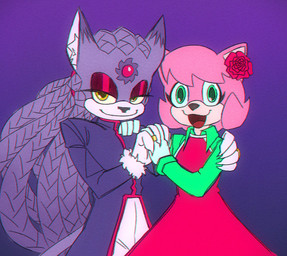 accessory anthro bottomwear braided_hair claws clothing coat dress duo eyeshadow female female/female flower flower_in_hair fur gloves green_eyes hair hair_accessory hand_holding handwear makeup pants pink_body pink_fur plant purple_body purple_fur ring smile topwear yellow_eyes conditional_dnp garbageboxxxed sega sonic_the_hedgehog_(series) amy_rose blaze_the_cat domestic_cat eulipotyphlan felid feline felis hedgehog mammal
