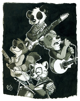 acoustic_guitar anthro band bass_guitar closed_smile clothed clothing cymbals drum drum_set drumstick_(musical) electric_guitar electronics group guitar kerchief male microphone microphone_stand mouth_closed musical_instrument neckerchief neckwear open_mouth open_smile percussion_instrument playing_guitar playing_music plucked_string_instrument simple_background singing smile string_instrument young young_anthro young_male pandapaco art_(pandapaco) julio_(pandapaco) nemorio ailurid bear giant_panda mammal procyonid raccoon red_panda monochrome