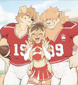 adolescent anthro bottomwear bulge cheerleader cheerleader_outfit clothed clothing crossdressing crossdressing_male eyelashes eyes_closed femboy floppy_ears folded_ears football_player football_uniform gesture group hand_gesture larger_anthro larger_male male male/male midriff open_mouth open_smile pose simple_background size_difference skirt smaller_anthro smaller_male smile trio v_sign young young_anthro young_male koiyaroid femboy_lion_(koiyaroid) stinky_(extremedash) canid canine canis domestic_dog felid lion mammal pantherine hi_res