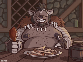 5_fingers anthro belly big_belly black_facial_hair black_goatee black_hair brown_body brown_fur cape clothing container cup date date_pov drumstick_(food) drumstick_(poultry) eating eating_food eyes_closed facial_hair fingerless_gloves fingers first_person_view fur fur_cape fur_clothing furniture gloves goatee hair hand_on_belly handwear happy male male_anthro mohawk moobs mug nipples overweight overweight_anthro overweight_male plate sideburns solo speed_dating striped_body striped_fur stripes table tavern text tooth_necklace toothy_grin wood wood_furniture wood_table nanoff charlie_(nanoff) gnoll hyena mammal 2025 artist_name colored dated digital_drawing_(artwork) digital_media_(artwork) english_description hi_res story story_in_description