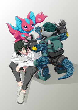 anthro argument armor blue_body blue_scales blush bow_tie female fighting_over_boy frill_(anatomy) group headgear helmet male military pink_body pink_scales scales soldier trio warrior bandai_namco digimon digimon_beatbreak haruomi_sone commandramon digimon_(species) elizamon human mammal scalie absurd_res hi_res official_art