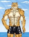 abs anthro athletic biceps big_muscles blue_nose bottomwear bulge chest_tuft clothed clothing fur green_eyes male muscular muscular_anthro muscular_male nipples pecs pubes scar shorts solo stripes swimwear teeth topless tuft water kraidhiel felid mammal pantherine tiger hi_res