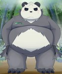 anthro bamboo belly big_belly biped black_body black_nose blush detailed_background kemono leaf outside overweight solo white_body marumu_5656 nintendo pokemon generation_6_pokemon pangoro pokemon_(species) 2022 5:6 hi_res