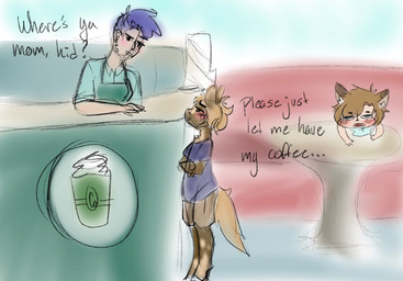 ambiguous_anthro ambiguous_gender ambiguous_human anthro blue_clothing blue_shirt blue_topwear blush bottomwear brown_bottomwear brown_clothing brown_hair brown_tail clothed clothed_anthro clothed_human clothing dialogue duo eye_contact furniture hair looking_at_another purple_clothing purple_hair purple_shirt purple_topwear shirt standing store table tail text topwear young young_ambiguous young_anthro lemoncurds fluffy_pony fluffy_pony_(species) human mammal microfluff 2021 digital_media_(artwork) english_description english_text hi_res adult_(lore)