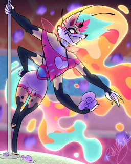 4_arms anthro bottomwear candy clothing cotton_candy dessert female fingers fire food multi_arm multi_limb pole sharp_teeth shorts solo teeth wings reddbyrd hellaverse helluva_boss queen_bee-lzebub_(helluva_boss) arthropod canid canine demon fox hybrid insect mammal 2023 hi_res signature