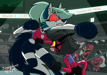 absolute_territory anthro black_bottomwear black_clothing black_hair black_shorts bottomwear bow_tie boxing boxing_attire breasts cheering cleavage cleavage_cutout clenched_teeth clothed clothed_anthro clothed_female clothed_humanoid clothed_male clothing collar constricted_pupils cutout duo_focus eyes_closed female female_focus fighting_ring fur grey_hair group gut_punch hair horn legwear male midriff open_mouth open_smile pain pink_clothing pink_topwear ponytail punch pupils purple_clothing purple_topwear red_body red_eyes red_skin shorts small_pupils smile spiked_collar spikes sport striped_horn stripes tail teeth thigh_highs topwear white_body white_eyes white_fur yellow_sclera starpaintart hellaverse helluva_boss mythology blitzo_(helluva_boss) gigi_(helluva_boss) loona_(helluva_boss) millie_(helluva_boss) moxxie_(helluva_boss) octavia_(helluva_boss) vortex_(helluva_boss) avian avian_demon bird canid canid_demon canine demon hellhound humanoid imp mammal mythological_canine mythological_creature owl owl_demon 2024 absurd_res hi_res