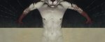 anthro blood blood_drip blood_drop blood_on_hand bodily_fluids dripping male nipples nude solo string teeth bra1neater domestic_cat felid feline felis mammal 2023 digital_media_(artwork) half-length_portrait hi_res portrait