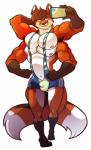 2_tails 4_arms 4_nipples 4_pecs 5_fingers anthro armpit_hair belly big_muscles body_hair brown_body brown_fur brown_hair bulge clothed clothing dipstick_tail fingers flexing fur gloves_(marking) grin hair leg_markings male markings multi_arm multi_limb multi_nipple multi_pecs multi_tail multicolored_tail multifur muscular muscular_anthro muscular_male nipples orange_body orange_fur pecs selfie smile socks_(marking) solo tail tail_markings tall white_belly wrestling_singlet ben-ben chipfox canid canine fox mammal red_fox true_fox hi_res