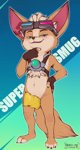 anthro chip_bag clothing container convenient_censorship electronics eyewear eyewear_on_head feet fingerless_gloves fingers fur gloves goggles goggles_on_head hair handwear harness looking_at_viewer male narrowed_eyes navel simple_background smile smug smug_face solo standing tail text toes neko-me mobile_legends chip_(mlbb) canid canine canis fennec_fox fox mammal true_fox digital_media_(artwork) english_text hi_res