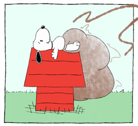 anthro diaper excessive_feces feces hyper hyper_feces hyper_soiling lying male on_back pooping soiled soiled_diaper soiling soiling_diaper solo unclean_diaper used_diaper sheepypoof peanuts_(comic) snoopy beagle canid canine canis domestic_dog hunting_dog mammal scent_hound hi_res