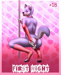 anthro anus armwear backsack balls blue_eyes butt clothing collar dancing elbow_gloves femboy fluffy fluffy_tail fur genitals gloves handwear male pink_body pink_fur pole pole_dancing presenting presenting_anus rear_view simple_background solo stripper tail text tongue tongue_out ark_warrior arkthewoff canid canine fox mammal comic english_text hi_res