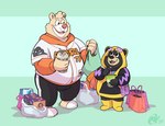 anthro belly beverage big_belly black_body bottomwear brown_body clothing coat duo female hoodie humanoid_hands male overweight overweight_male pants raincoat topwear genottr breeze_in_the_clouds nimbo_(breeze_in_the_clouds) pile_(breeze_in_the_clouds) american_black_bear bear black_bear kermode_bear mammal ursine 2023 absurd_res hi_res