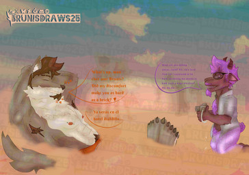 5_fingers 5_toes abs anthro armpit_hair barazoku beach beach_umbrella blush bodily_fluids body_hair brown_hair bulge camera cheek_tuft chest_hair claws clothed clothing cloud day detailed_background dialogue duo ear_piercing erection eyes_closed eyewear facial_hair facial_tuft feet fingers fluffy fluffy_tail glasses goat_ears goat_tail goatee grey_clothing grey_shirt grey_topwear hair heart_symbol horizontal_pupils horn humanoid_feet light male male/male muscular navel navel_piercing neck_tuft nervous nipple_piercing nipples open_mouth orange_clothing orange_swimming_trunks orange_swimwear parasol pawpads pecs piercing pink_clothing pink_swimming_trunks pink_swimwear plantigrade pubes pupils purple_hair raised_clothing raised_shirt raised_topwear sand shirt silhouette sky slightly_chubby slightly_chubby_male smile sun sunglasses sunlight sweat sweatdrop swimming_trunks swimwear tail text toe_claws toes topwear tuft wolf_tail brunisdraws background_character brunis_(brunisdraws) redrich_(brunisdraws) bovid canid canine canis caprine hybrid mammal mexican_wolf sheep-goat wolf english_text french_text full-length_portrait hi_res portrait shaded signature spanish_text