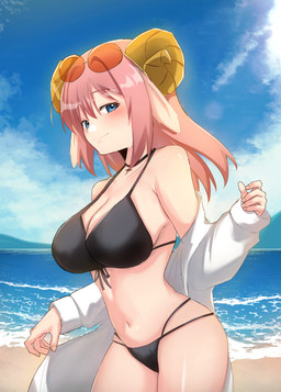 beach big_breasts bikini black_bikini black_clothing black_swimwear blue_eyes blush breasts clothed clothing cross cross_necklace eyewear female hair horn jacket jewelry long_hair looking_at_viewer navel necklace off_shoulder outside pink_hair sheep_horns sky smile solo sunglasses swimwear topwear two-piece_swimsuit white_clothing white_jacket white_topwear chaonin 12tails sheep_(12tails) animal_humanoid bovid bovid_humanoid caprine caprine_humanoid humanoid mammal mammal_humanoid sheep_humanoid absurd_res hi_res
