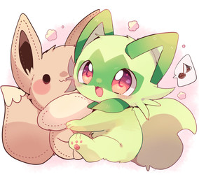 ambiguous_gender blush cheek_tuft cute_fangs facial_tuft fangs feral fur green_body green_fur green_tail happy hug hugging_object hugging_plushie looking_at_viewer open_mouth open_smile pawpads pink_pawpads plushie red_eyes simple_background sitting smile solo tail teeth tuft white_background yupo_0322 nintendo pokemon eevee generation_1_pokemon generation_9_pokemon pokemon_(species) sprigatito colored colored_sketch digital_drawing_(artwork) digital_media_(artwork) hi_res shaded sketch