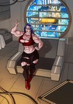 abs biceps big_breasts blue_hair breasts clothed clothing female growth hair huge_breasts human_only muscle_growth muscular muscular_female not_furry pecs pecs_with_breasts solo r2roh hopey canid canine canis human humanoid mammal wolf digital_media_(artwork) hi_res