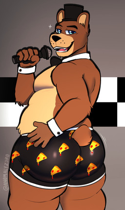 5_fingers anthro big_butt biped black_bow_tie black_clothing black_eyebrows black_hat black_headwear black_nose black_underwear blue_eyes bow_tie brown_body brown_fur butt clothing cuffs_(clothing) electronics eyebrows fingers food fur furgonomic_underwear furgonomics hat headgear headwear holding_microphone holding_object humanoid_hands looking_at_viewer looking_back looking_back_at_viewer male microphone multicolored_body multicolored_fur open_mouth open_smile pattern_clothing pattern_underwear pizza short_tail slightly_chubby slightly_chubby_anthro slightly_chubby_male smile solo tail tan_body tan_fur tan_inner_ear teeth top_hat two_tone_body two_tone_fur underwear whisker_spots an0malyz3r0 five_nights_at_freddy's scottgames freddy_(fnaf) bear mammal 2025 absurd_res hi_res