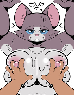 4_fingers ambiguous_gender ambiguous_pov anthro areola armpit_hair big_breasts big_nipples blue_eyes blue_sclera bodily_fluids body_hair breast_fondling breast_grab breast_play breast_squeeze breasts countershade_fur countershading duo emanata facial_markings female female_anthro female_focus fingers first_person_view fondling fur grey_body grey_fur hand_on_breast head_markings huge_breasts looking_at_viewer markings multicolored_body multicolored_fur muzzle_(marking) nipples nude nude_anthro nude_female pink_areola pink_inner_ear pink_nipples pink_nose simple_background smile squeezing sweat sweaty_breasts white_background electricplasmid tabatha_(gabbah) domestic_cat felid feline felis mammal 2025 absurd_res digital_drawing_(artwork) digital_media_(artwork) hi_res