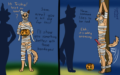 adolescent age_difference bandage bdsm bondage bound casual_exposure casual_nudity clothing dialogue erection female flaccid food fruit genitals holidays ineffective_clothing male male/female nude nudist older_female penis plant pumpkin submissive submissive_male young younger_male confusedraven halloween sam_(confusedraven) canid canine canis domestic_dog mammal procyonid raccoon comic hi_res