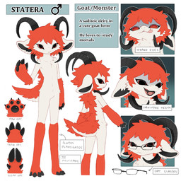 4_fingers 4_horns 4_toes anthro arm_tuft black_claws black_horn black_inner_ear black_pawpads black_teeth bovid_horn caprine_horn claws elbow_tuft eyewear feet fingers fur gender_symbol glasses gloves_(marking) hair horn leg_markings licking licking_lips licking_own_lips male male_anthro male_symbol mane markings mouth_closed multi_horn multicolored_body multicolored_fur pawpads plantigrade ram_horn rectangular_glasses red_arms red_body red_eyes red_fur red_hair red_legs red_mane red_tail simple_background socks_(marking) solo spiral spiral_eyes symbol tail teeth text toes tongue tongue_out tuft two_tone_body two_tone_fur white_background white_body white_ears white_fur jejejunum statera_(boxwater) bovid caprine goat mammal monster 1:1 2026 digital_drawing_(artwork) digital_media_(artwork) english_text firealpaca_(artwork) full-length_portrait hi_res model_sheet multiple_images portrait