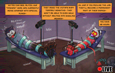 2_toes 3_toes 4_eyes anthro ball_gag bdsm black_body black_fur body_writing bondage bound camera captured cuff_(restraint) dialogue dungeon duo feathers feet femboy fully_bound fur gag gagged gagged_talk grey_body grey_fur hair helpless horn imprisoned kidnapping livestream lying magic male markings multi_eye on_back peril predicament_bondage red_body red_eyes red_skin restraints runes shackles spade_tail striped_markings striped_tail stripes tail tail_markings talons threatening tickle_fetish tickle_torture tickling tickling_belly tickling_chest tickling_feet tickling_legs tickling_thighs toes torture vhs_filter white_face white_hair yellow_eyes buntomo hellaverse helluva_boss moxxie_(helluva_boss) ransom stolas_(helluva_boss) avian bird demon humanoid imp owl hi_res