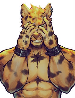 anthro black_bracelet bracelet claws covering covering_face ear_piercing ear_ring finger_claws fur green_eyes hands_over_face jewelry looking_at_viewer male markings muscular muscular_anthro muscular_male nude piercing ring_piercing simple_background smile smiling_at_viewer smirk smirking_at_viewer solo spots spotted_body spotted_fur white_background yellow_body yellow_fur mixterart felid mammal hi_res