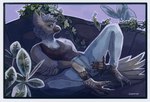 anthro clothed clothing female looking_at_viewer lying on_back solo spread_legs spreading jagal fleek_feather apostlebird avian bird corcoracidae oscine passerine absurd_res hi_res