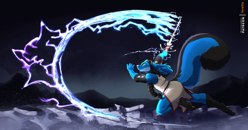 anthro aqanin_magic attack attack_pose black_body black_fur blue_body blue_fur blue_hair electricity electricity_manipulation elemental_manipulation flamberge fur green_eyes hair magic male melee_weapon muscular muscular_male night solo sword weapon feretta djnightfire canid canine fox hybrid mammal mephitid skunk 2026 hi_res